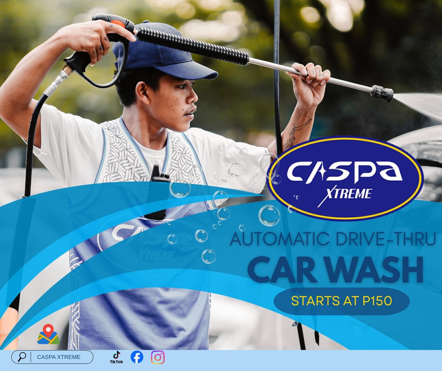 CASPA Xtreme crew member with a pressure washer and starts-at-150 promo